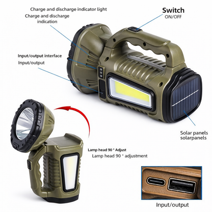 Solar Rechargeable LED + COB Lightweight Torch Light