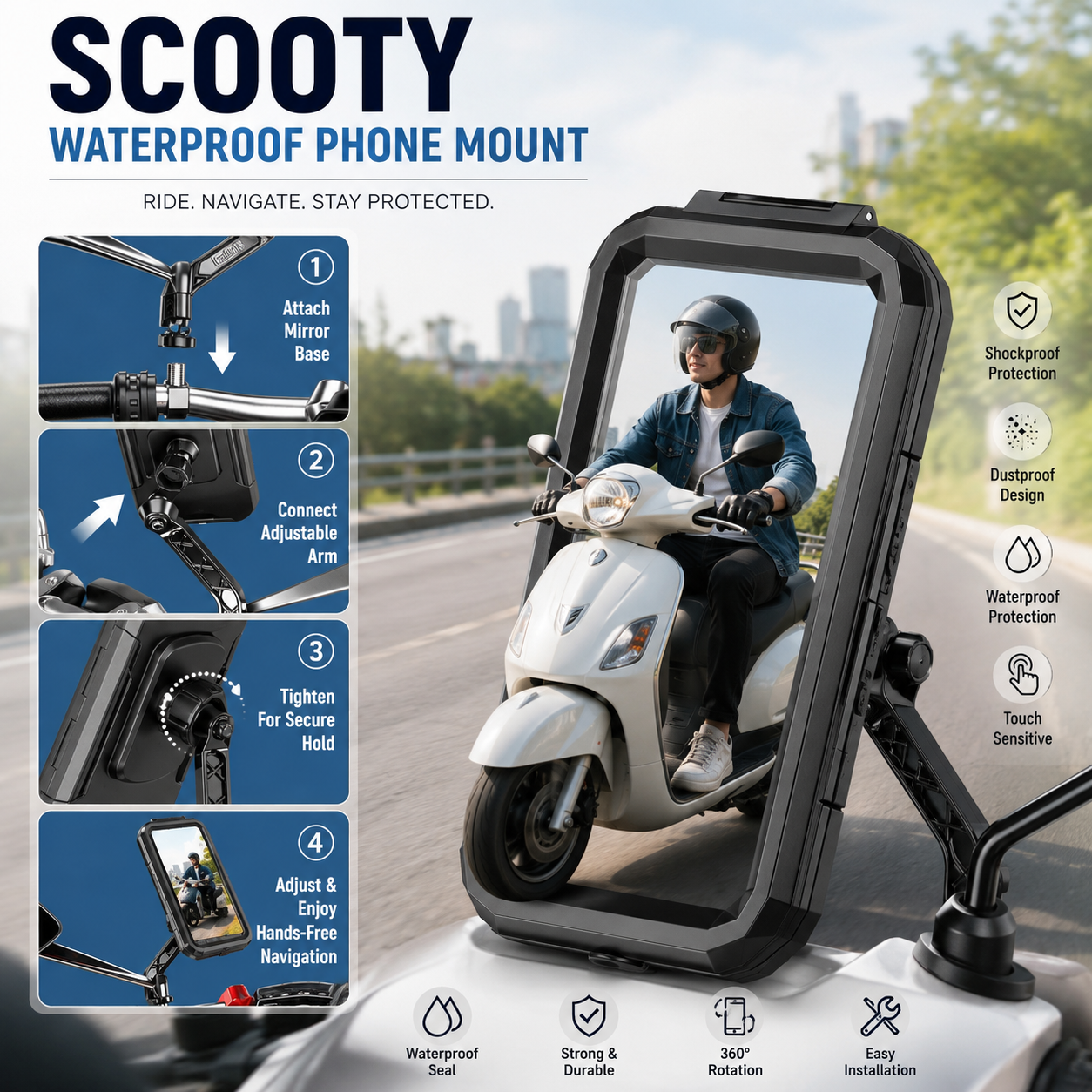 Grip Lock Pro Waterproof Phone Mount 360° Rotation GPS / Mobile Holder - For Bike / Scooter
