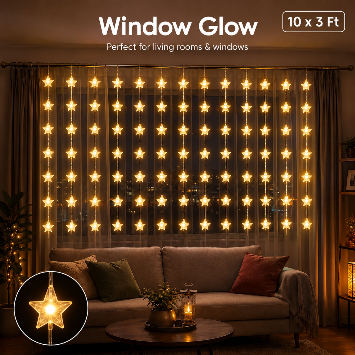 10-String Decorative Stars Curtain Light with 8 Lighting Modes for Diwali, Windows, Mandir & Festive Décor