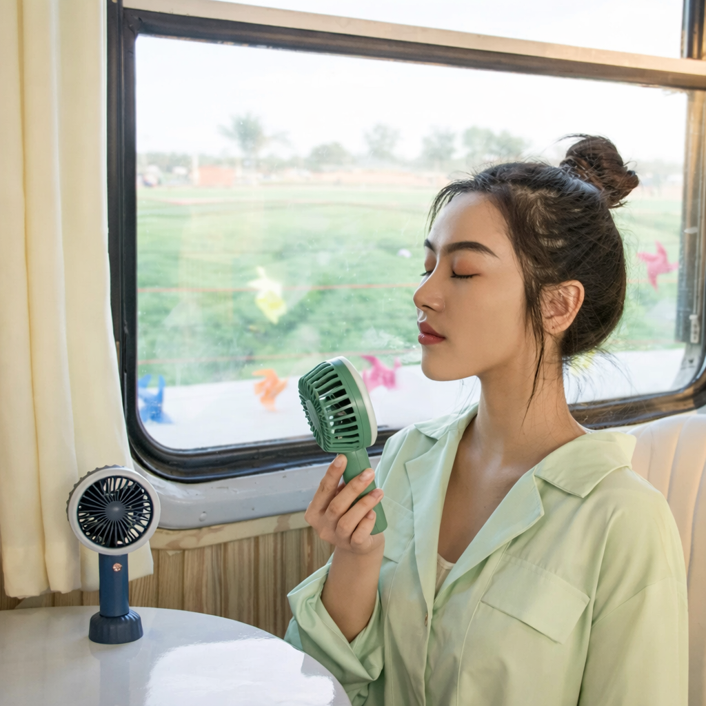 GlowBreeze Rechargeable Mini Fan with Ring Light & 3 Speed Cooling for Office, Selfie & Travel