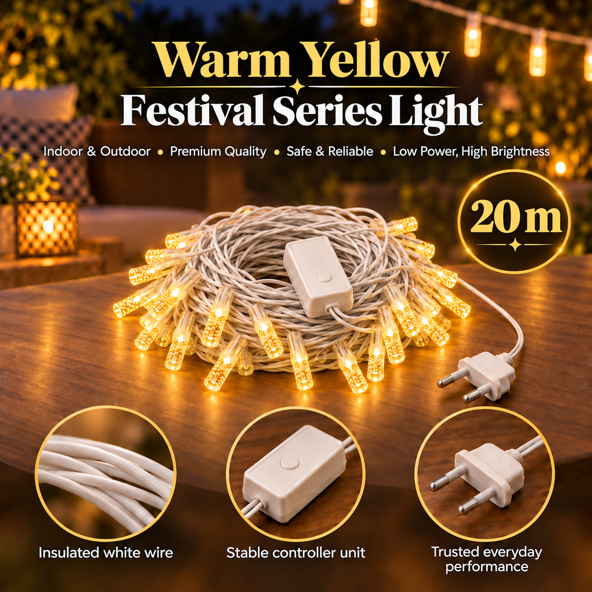 Warm Yellow Decorative Festival String Lights – 20M & 30M