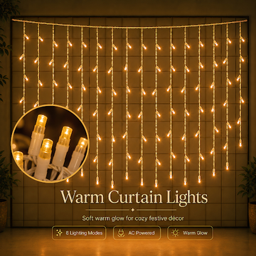 Warm Golden Waterfall Curtain LED String Lights  8-Mode AC Powered Decorative Curtain Lights