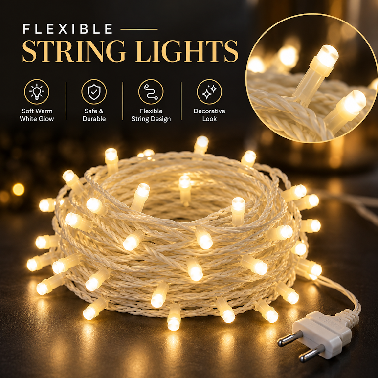 Warm White LED String Lights-Soft Glow Flexible Decorative Lights for Home, Diwali, Parties & Festive Décor