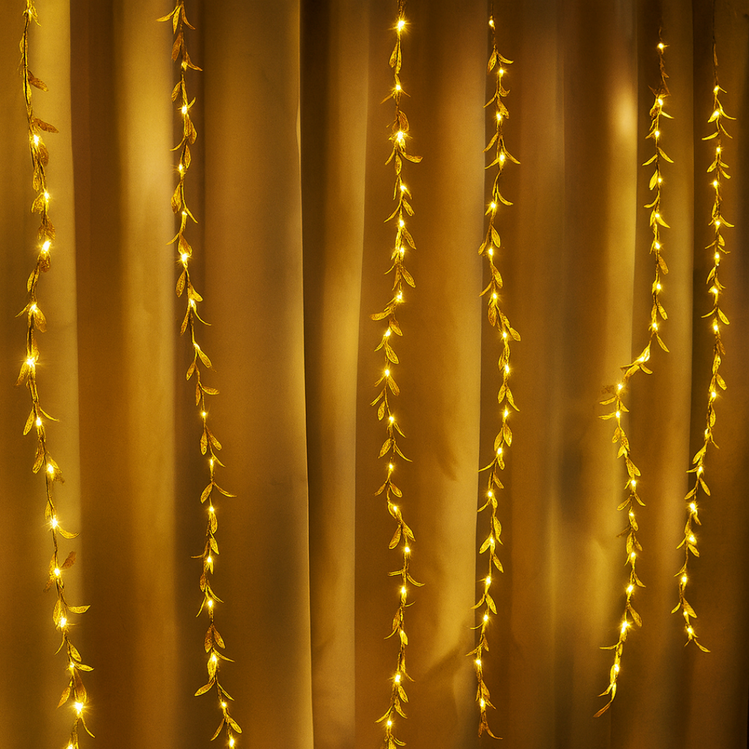 Golden Leaves 200 LED Curtain Fairy Lights