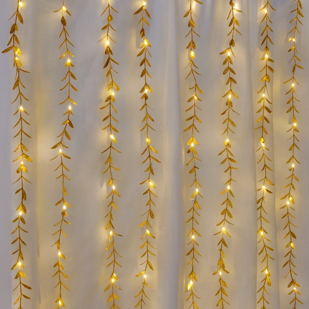 Golden Leaves 200 LED Curtain Fairy Lights | Warm White Glow | 2025 Decor Edition