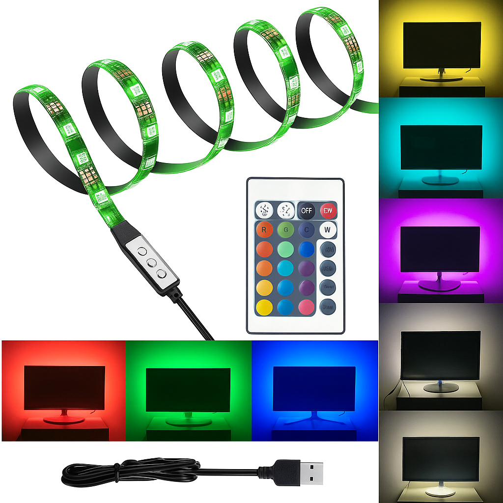 NIYAMAX 2 Meter USB-Powered 5050 RGB LED Strip Lights – 16 Color Changing Backlight Kit with Remote Control, 30 LEDs/M, Easy Installation, Perfect for Home Theater & Gaming Setup